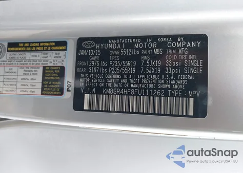 2015 Hyundai Santa Fe Limited z USA, uszkodzony, nr VIN KM8SR4HF8FU111262